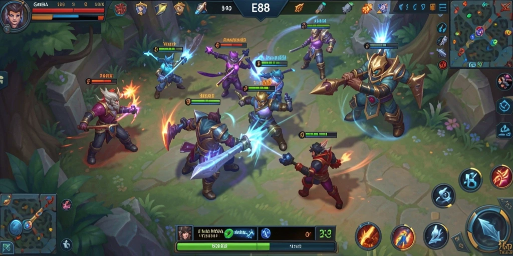 Screenshot gameplay E88 menampilkan pertarungan epik antar tim.