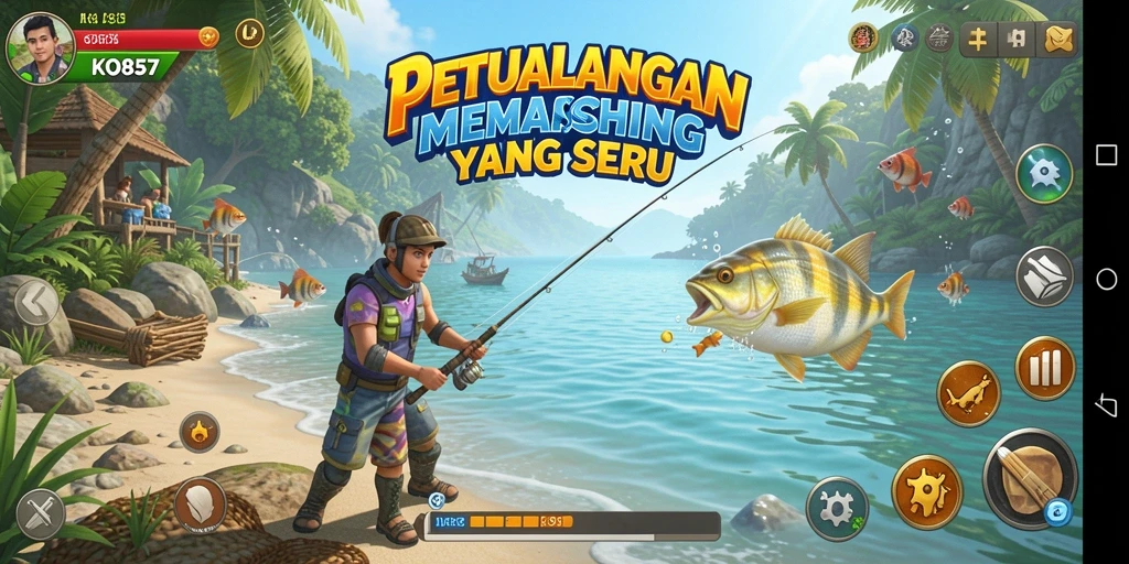Screenshot gameplay KO857 menampilkan aksi memancing yang mendebarkan.