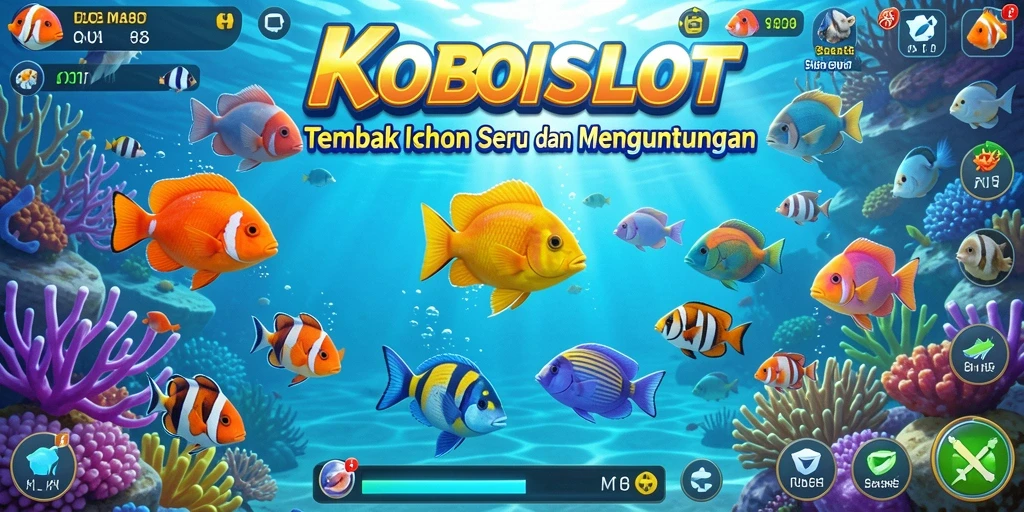 Tampilan gameplay seru di KOBOISLOT dengan berbagai ikan dan senjata.