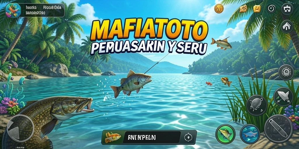 Tampilan gameplay seru menggunakan pancing di lokasi eksotis.