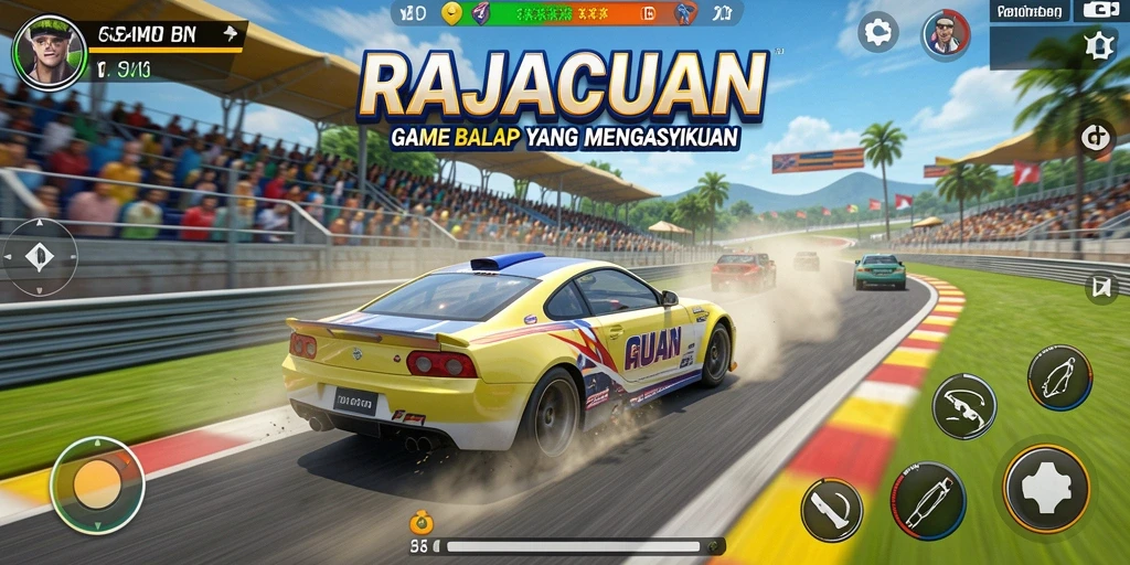 Screenshot gameplay RAJACUAN menunjukkan aksi balapan yang mendebarkan.