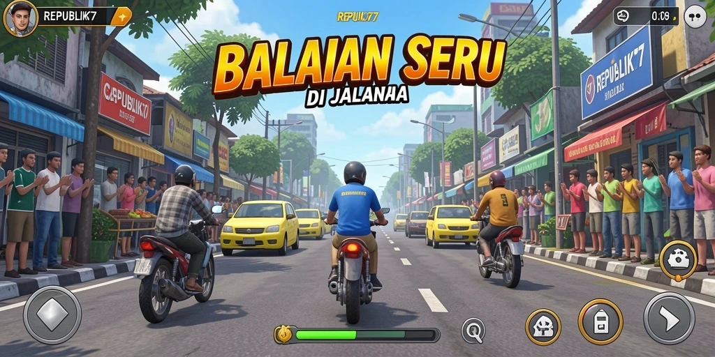 Tampilkan gameplay seru REPUBLIK77 dengan balapan mendebarkan.