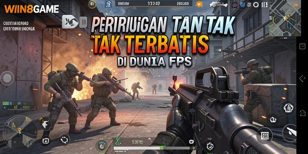 Screenshot gameplay <strong>WIN8GAME</strong> menunjukkan pertarungan intens dalam arena FPS.